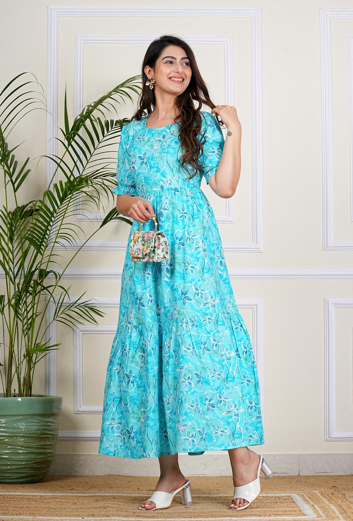 Monique Women's Anarkali Cotton Kurta, Floral Print, Round Neck, Elbow Sleeves, 44 Inch Length - back view (41)