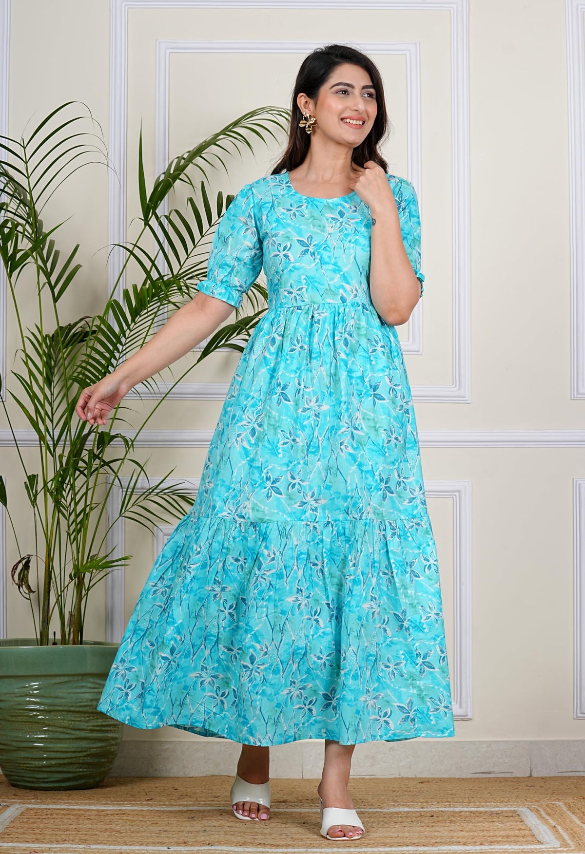 Monique Women's Anarkali Cotton Kurta, Floral Print, Round Neck, Elbow Sleeves, 44 Inch Length - label detail (43)