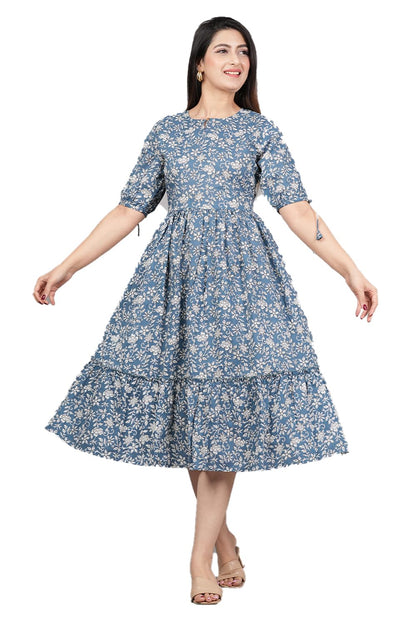 Monique Women's Anarkali Cotton Kurta, Floral Print, Round Neck, Elbow Sleeves, 44 Inch Length (44)