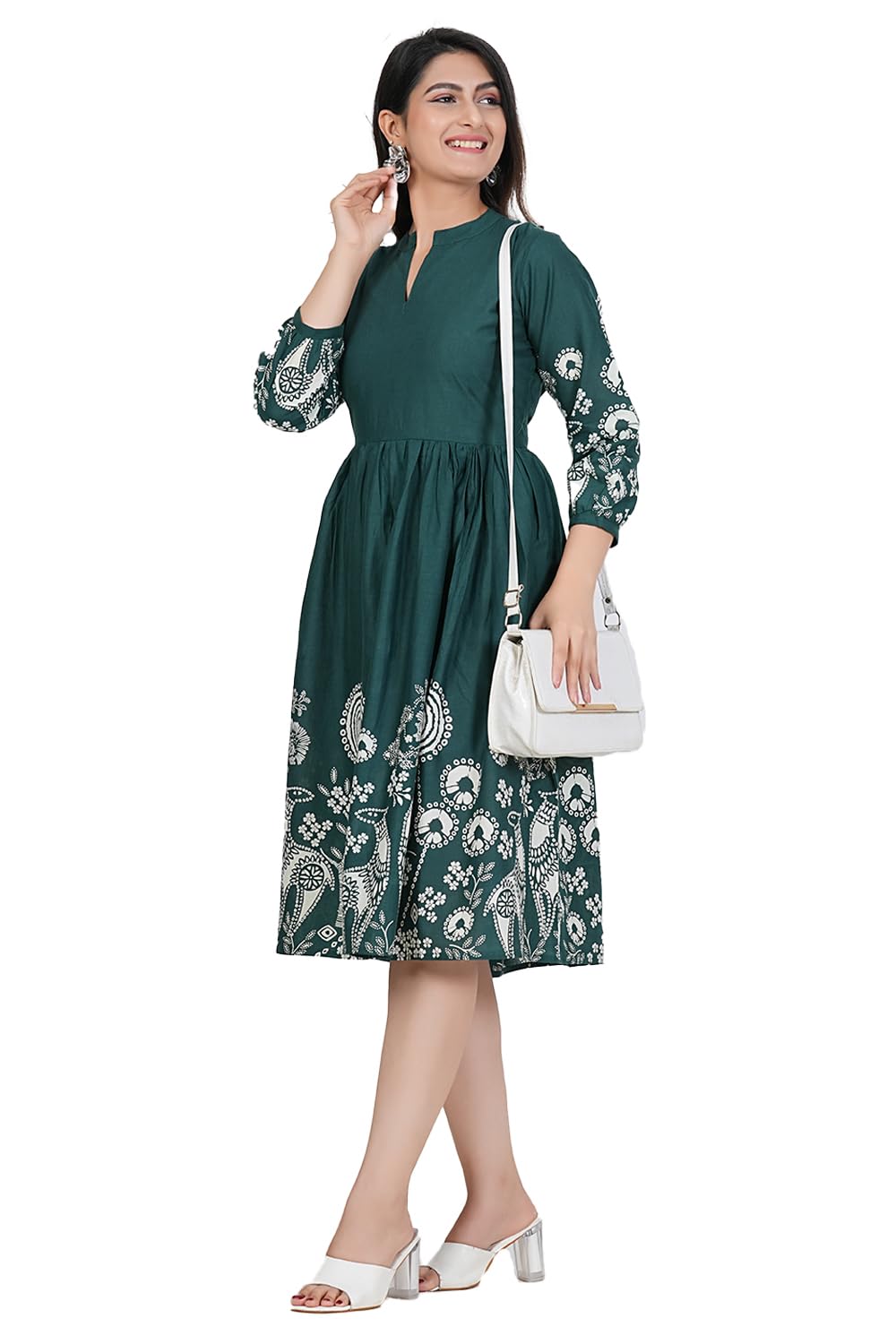 Monique Women's Anarkali Cotton Kurta, Floral Print, Round Neck, Elbow Sleeves, 44 Inch Length (49)