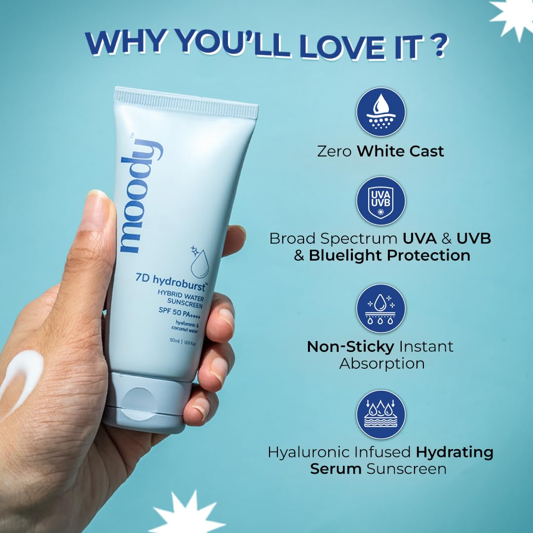 Moody Hydro Burst Water Sunscreen SPF 50 PA+++ with Hyaluronic Acid, Aloe, and Ceramides - front view