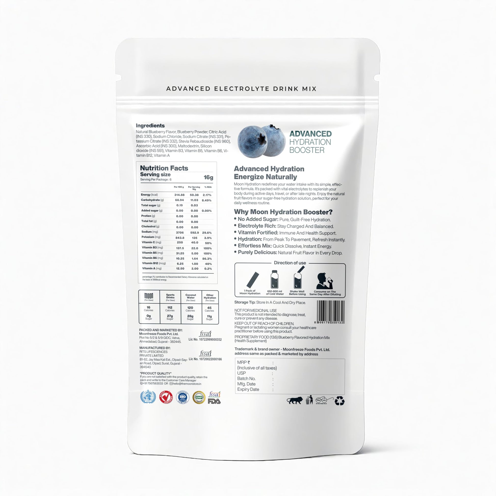 Moon Lunar Blueberry Hydration booster | Drink Mix With Enriching Nutrients | Low Sugar energy Drink Mix | 100% Natural & Hea