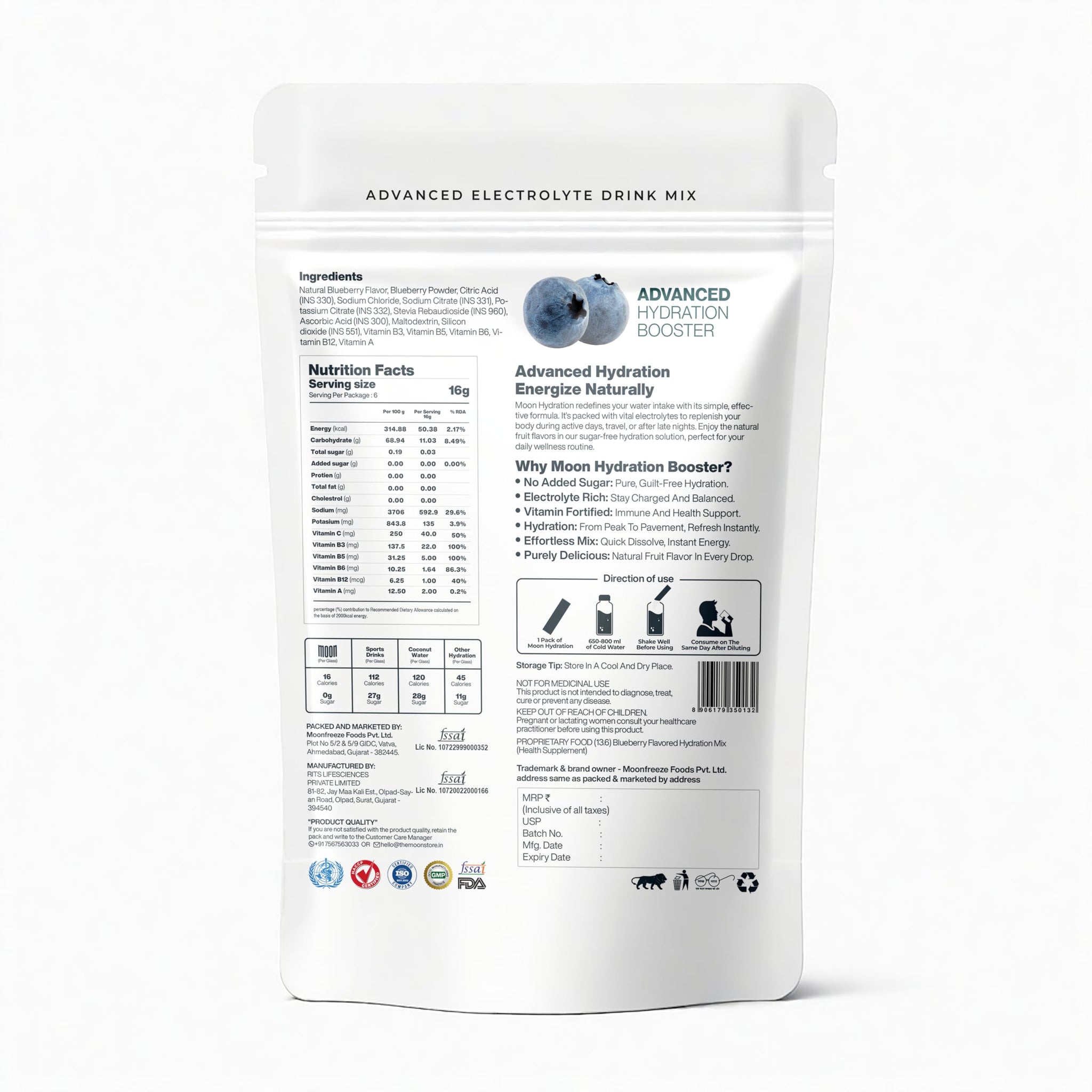 Moon Lunar Blueberry Hydration booster | Drink Mix With Enriching Nutrients | Low Sugar energy Drink Mix | 100% Natural & Hea