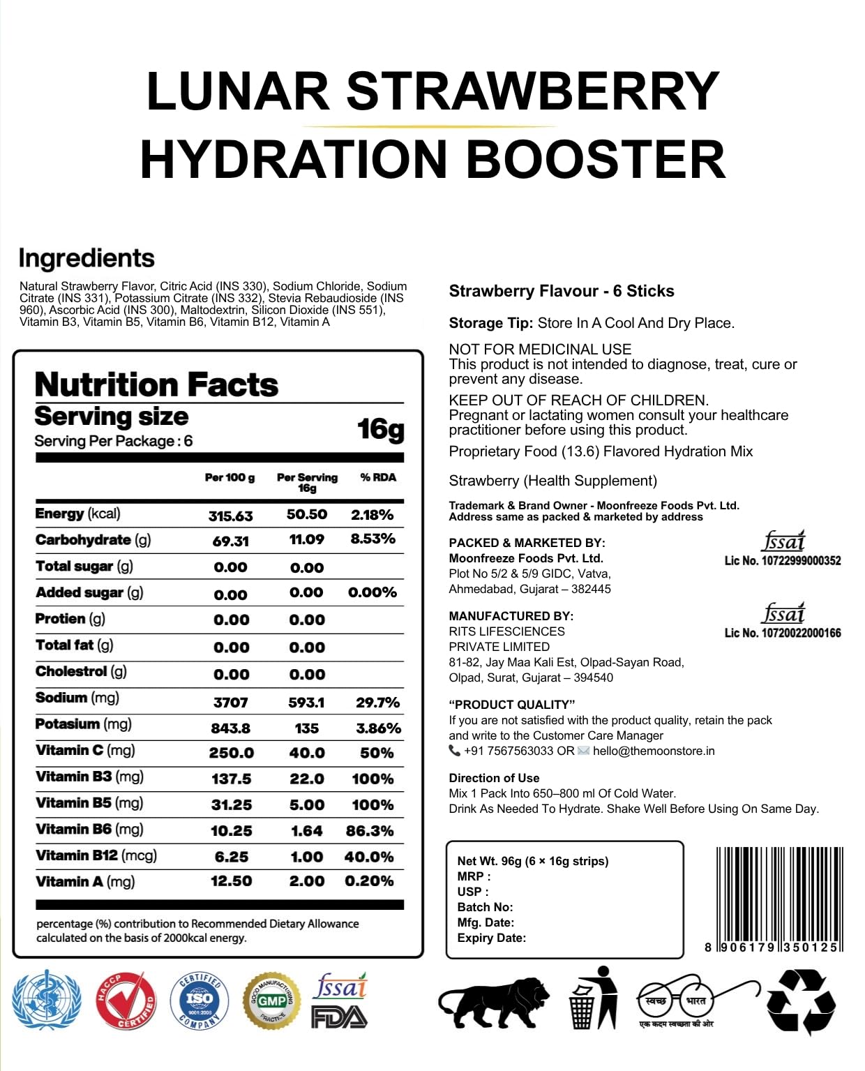 Moon Lunar Blueberry Hydration booster | Drink Mix With Enriching Nutrients | Low Sugar energy Drink Mix | 100% Natural & Hea