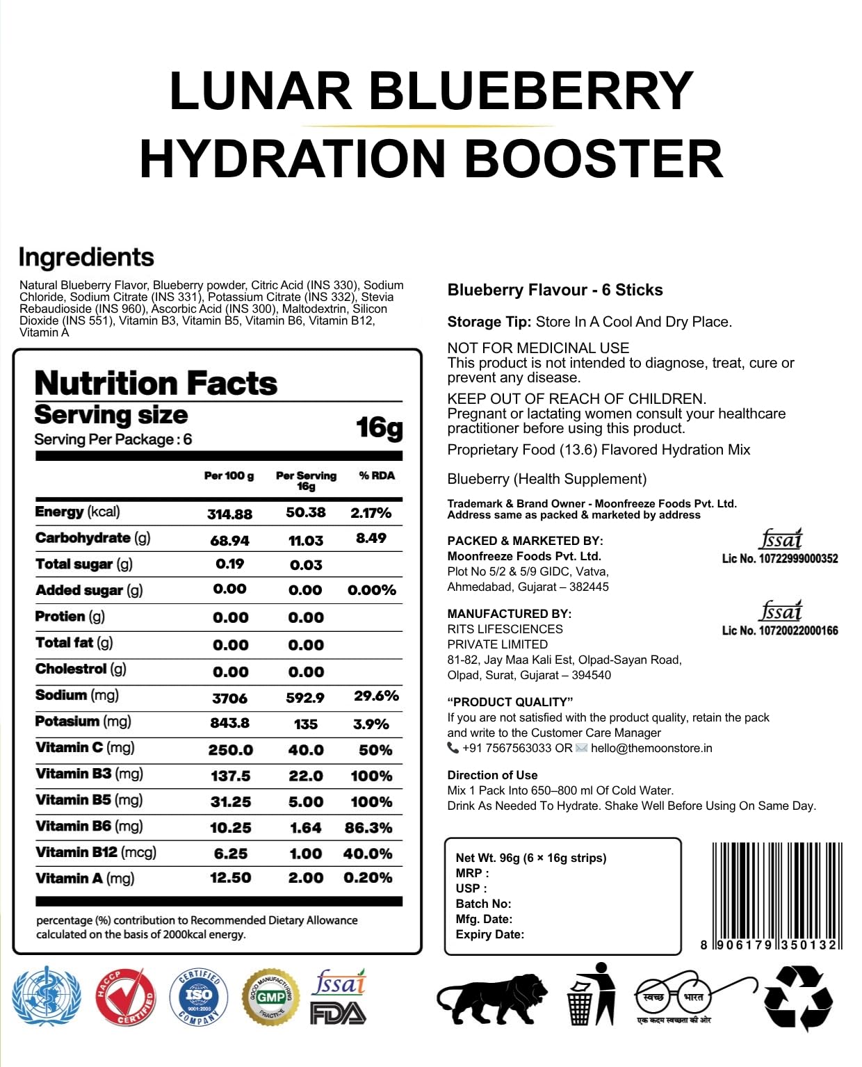 Moon Lunar Blueberry Hydration booster | Drink Mix With Enriching Nutrients | Low Sugar energy Drink Mix | 100% Natural & Hea