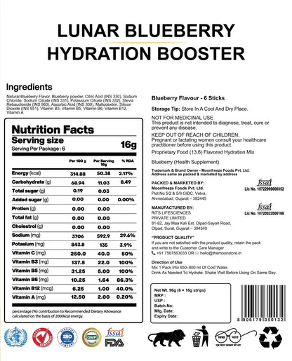 Moon Lunar Blueberry Hydration booster | Drink Mix With Enriching Nutrients | Low Sugar energy Drink Mix | 100% Natural & Hea