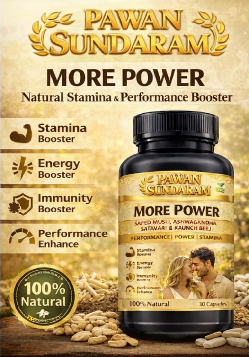 More Power Safed Musli Supplement, 30 Capsules, Herbal Blend with Ashwagandha, Shatavari, Kaunch Beej - front view