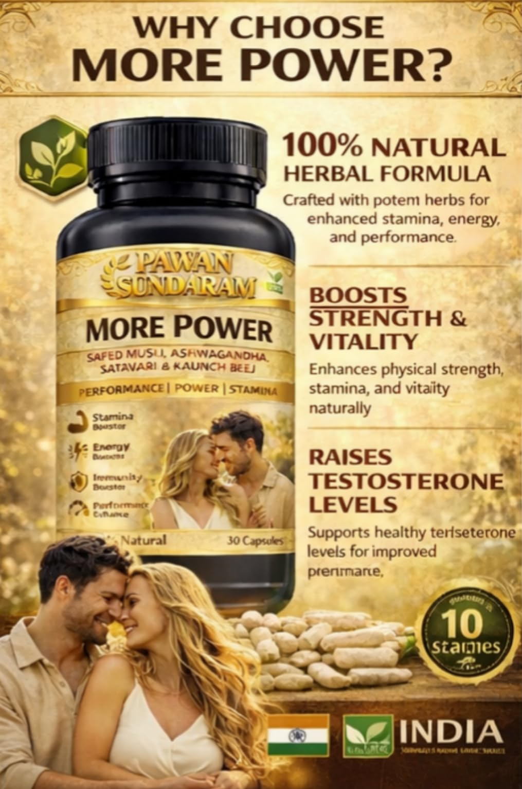 More Power Safed Musli Supplement, 30 Capsules, Herbal Blend with Ashwagandha, Shatavari, Kaunch Beej - back view