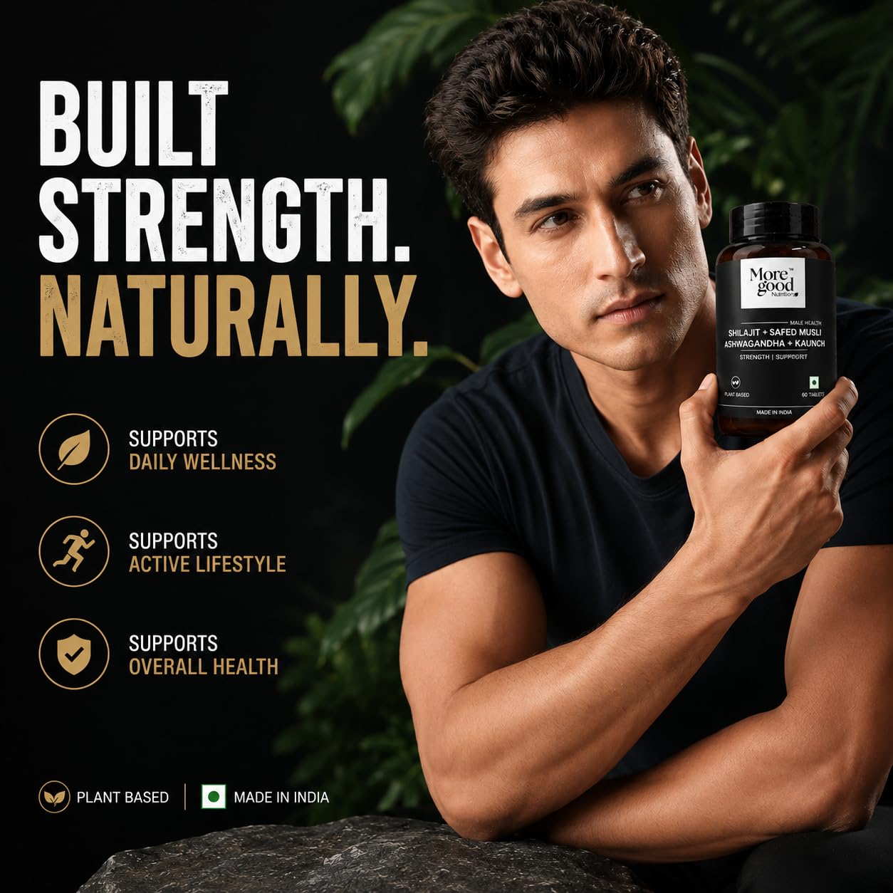 MoreGood Nutrition Pure Shilajit Ashwagandha Tablets, Ayurvedic Herbal Supplement for Men, 60 Tablets, 6-Herb Formula - back