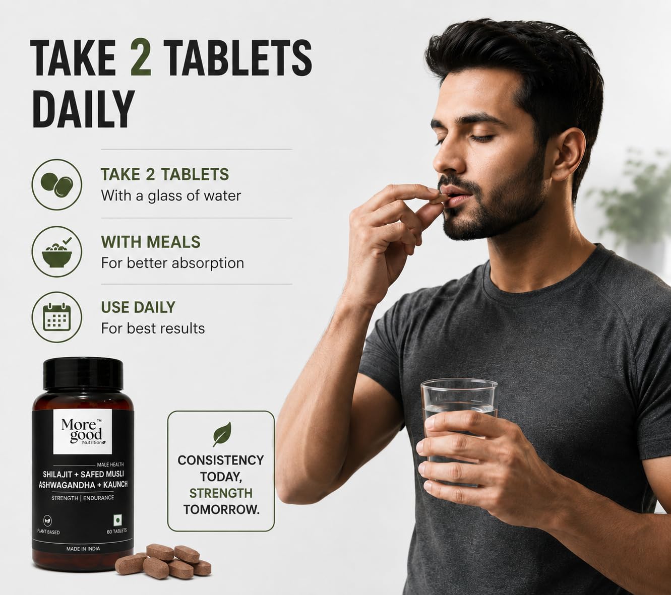 MoreGood Nutrition Pure Shilajit Ashwagandha Tablets, Ayurvedic Herbal Supplement for Men, 60 Tablets, 6-Herb Formula - label