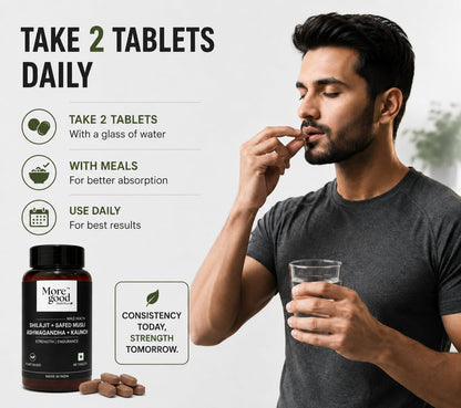 MoreGood Nutrition Pure Shilajit Ashwagandha Tablets, Ayurvedic Herbal Supplement for Men, 60 Tablets, 6-Herb Formula - label