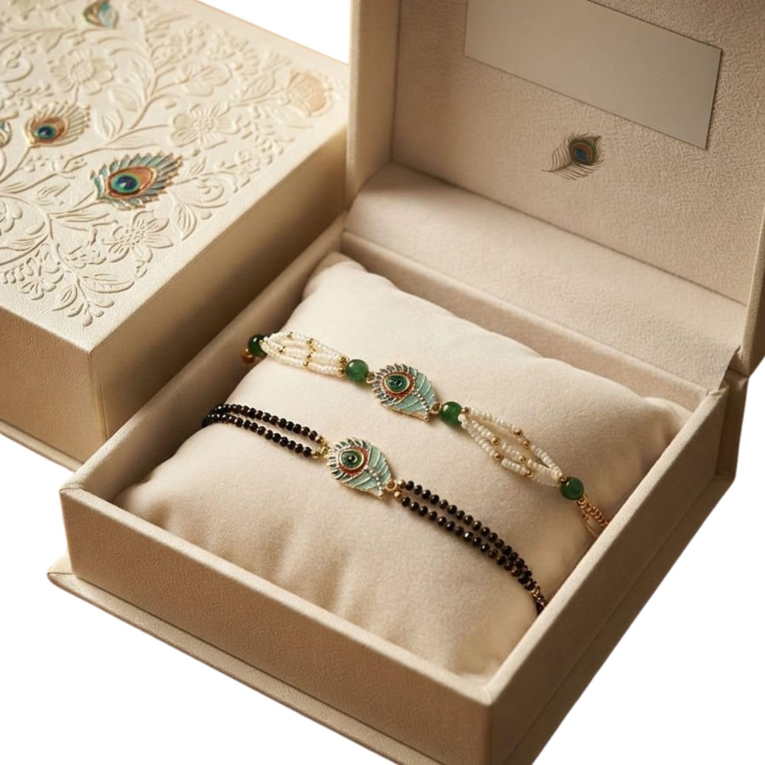 MOTI MALA Beautiful Peacock Feather Rakhi Pair with Pearl and Bead Thread for Brother Handmade Festival Rakhi
