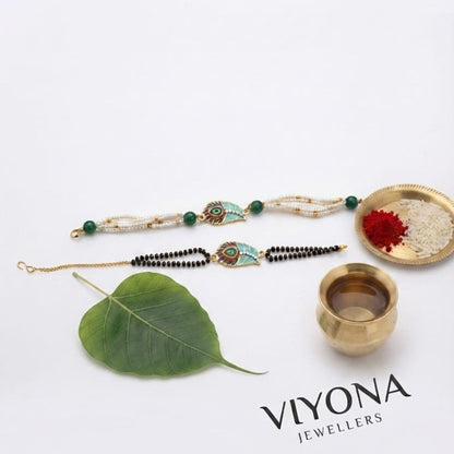MOTI MALA Beautiful Peacock Feather Rakhi Pair with Pearl and Bead Thread for Brother Handmade Festival Rakhi - front view
