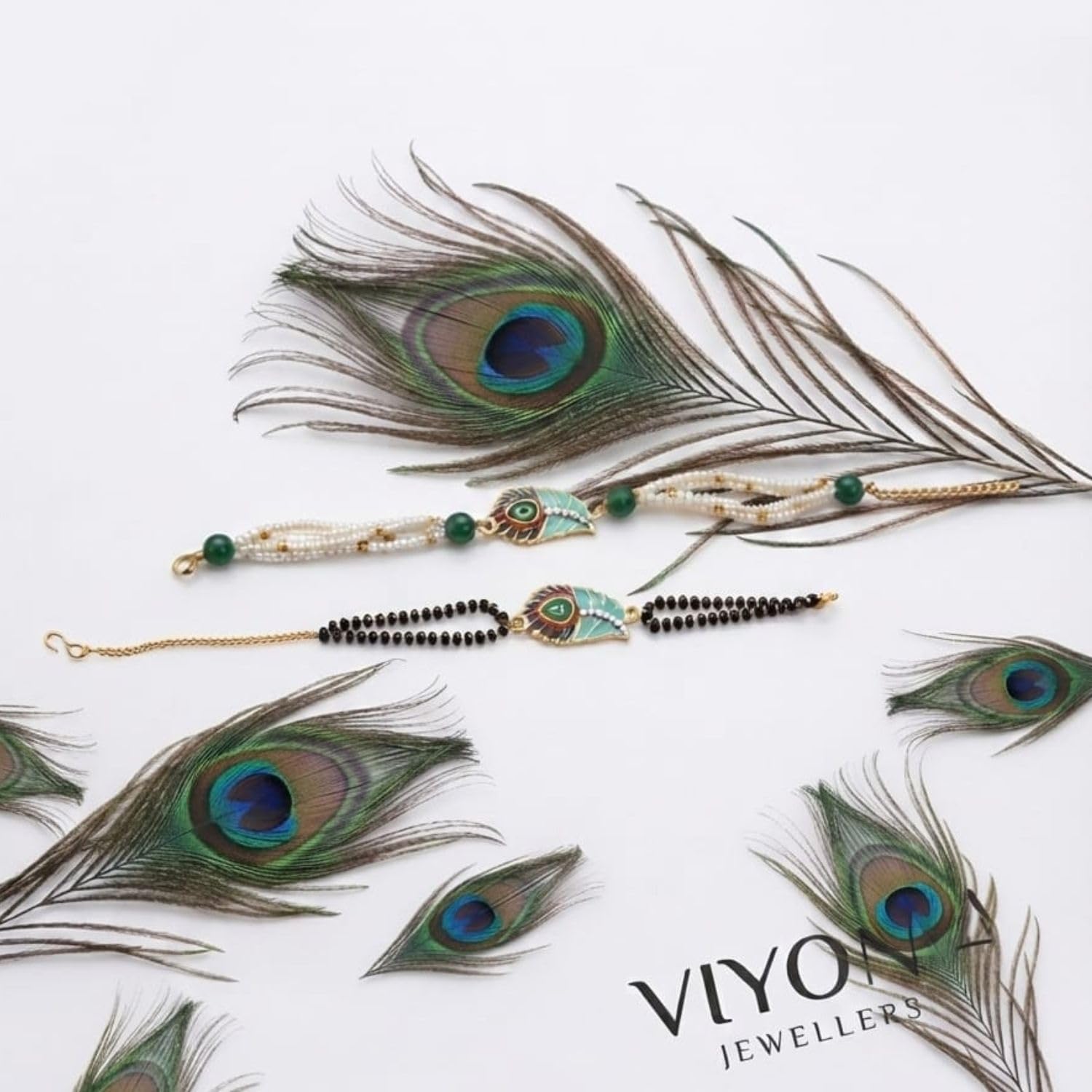 MOTI MALA Beautiful Peacock Feather Rakhi Pair with Pearl and Bead Thread for Brother Handmade Festival Rakhi - back view