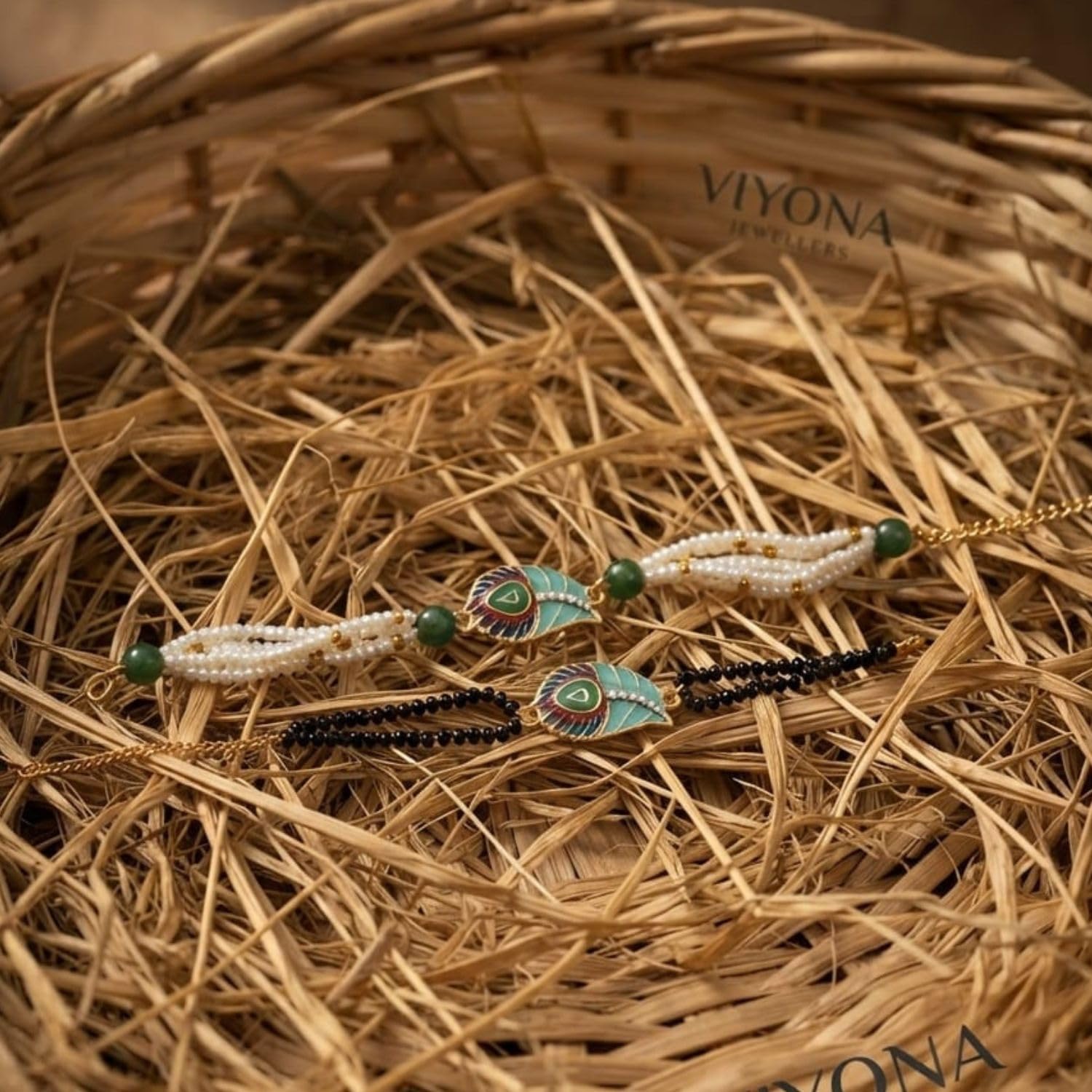 MOTI MALA Beautiful Peacock Feather Rakhi Pair with Pearl and Bead Thread for Brother Handmade Festival Rakhi - label detail