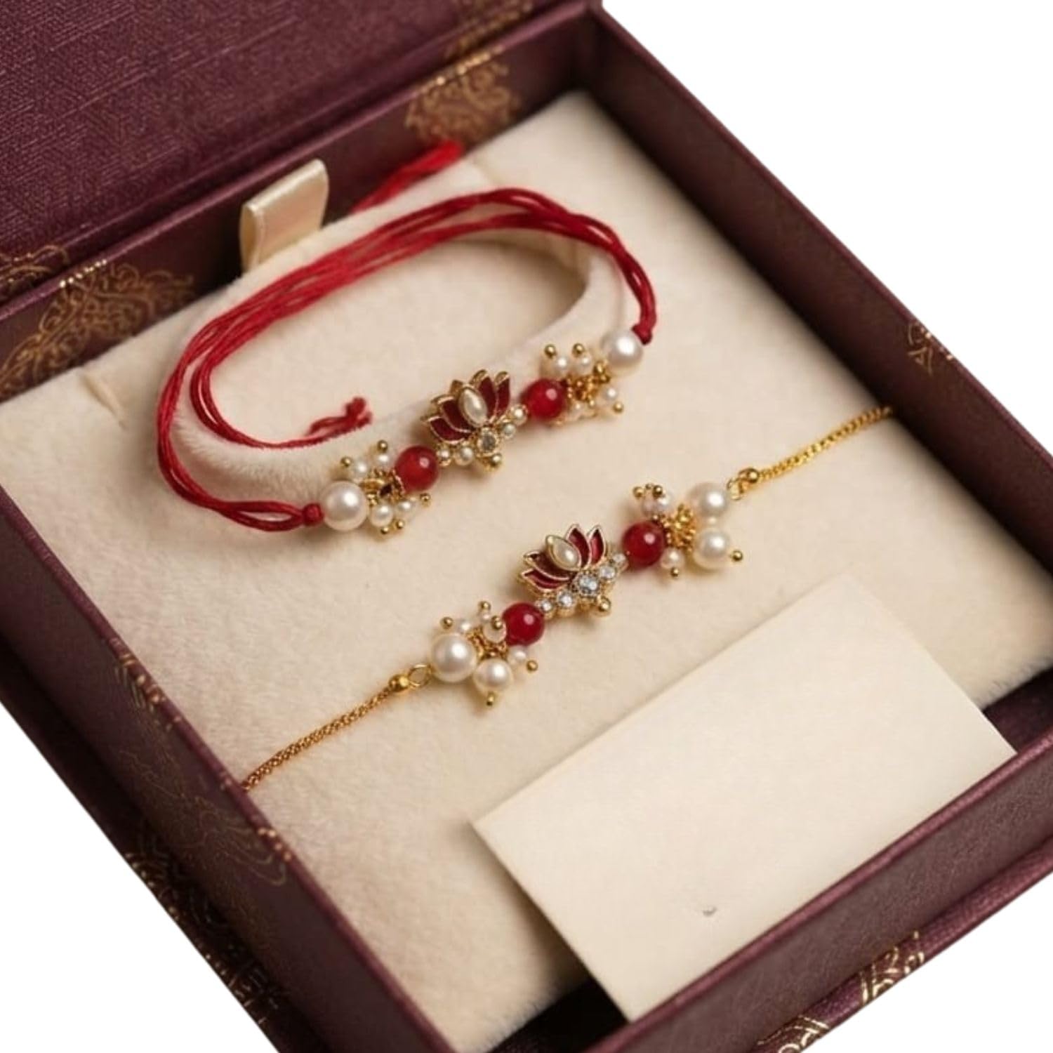 MOTI MALA Elegant Lotus Rakhi and Matching Bracelet with Decorative Pearl Beads