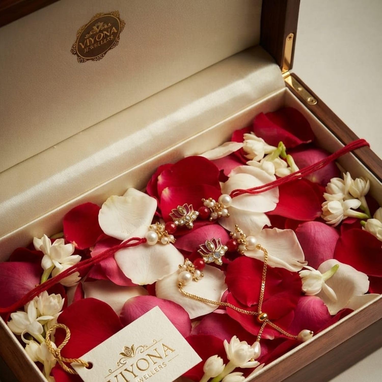 MOTI MALA Elegant Lotus Rakhi and Matching Bracelet with Decorative Pearl Beads - back view