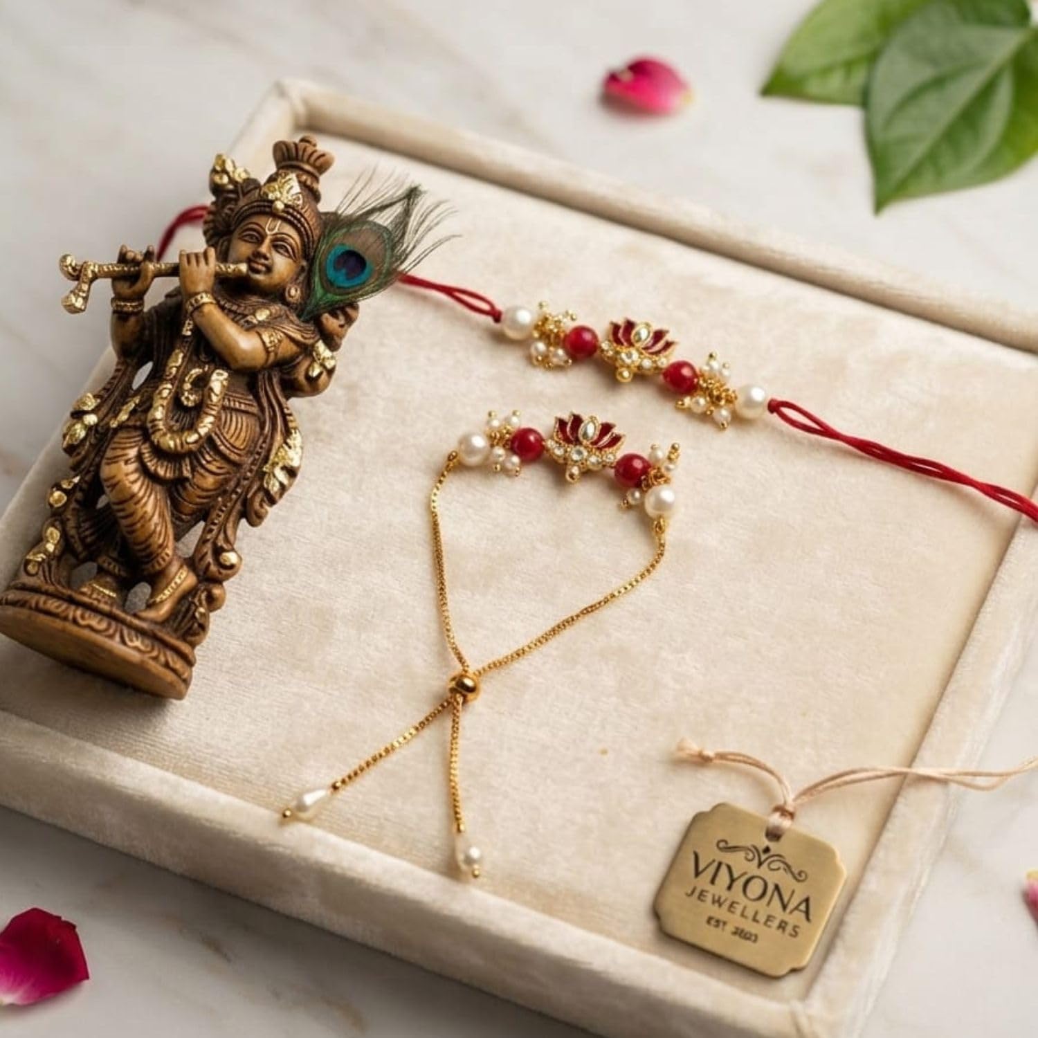 MOTI MALA Elegant Lotus Rakhi and Matching Bracelet with Decorative Pearl Beads - ingredients panel