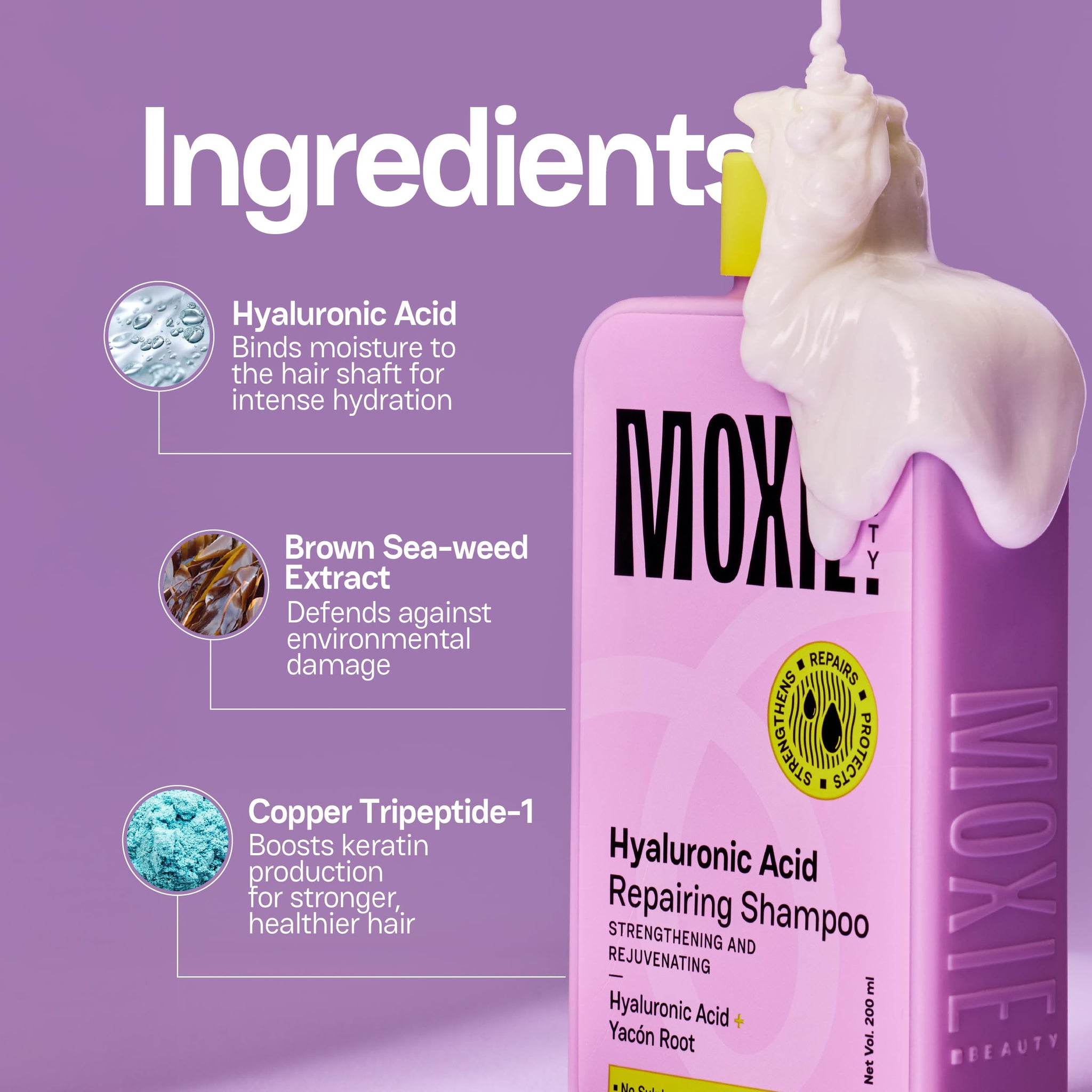 Moxie Beauty Hyaluronic Acid Shampoo, 200ml, Sulfate-Free, with Bio-Peptides and Marine Antioxidants - front view