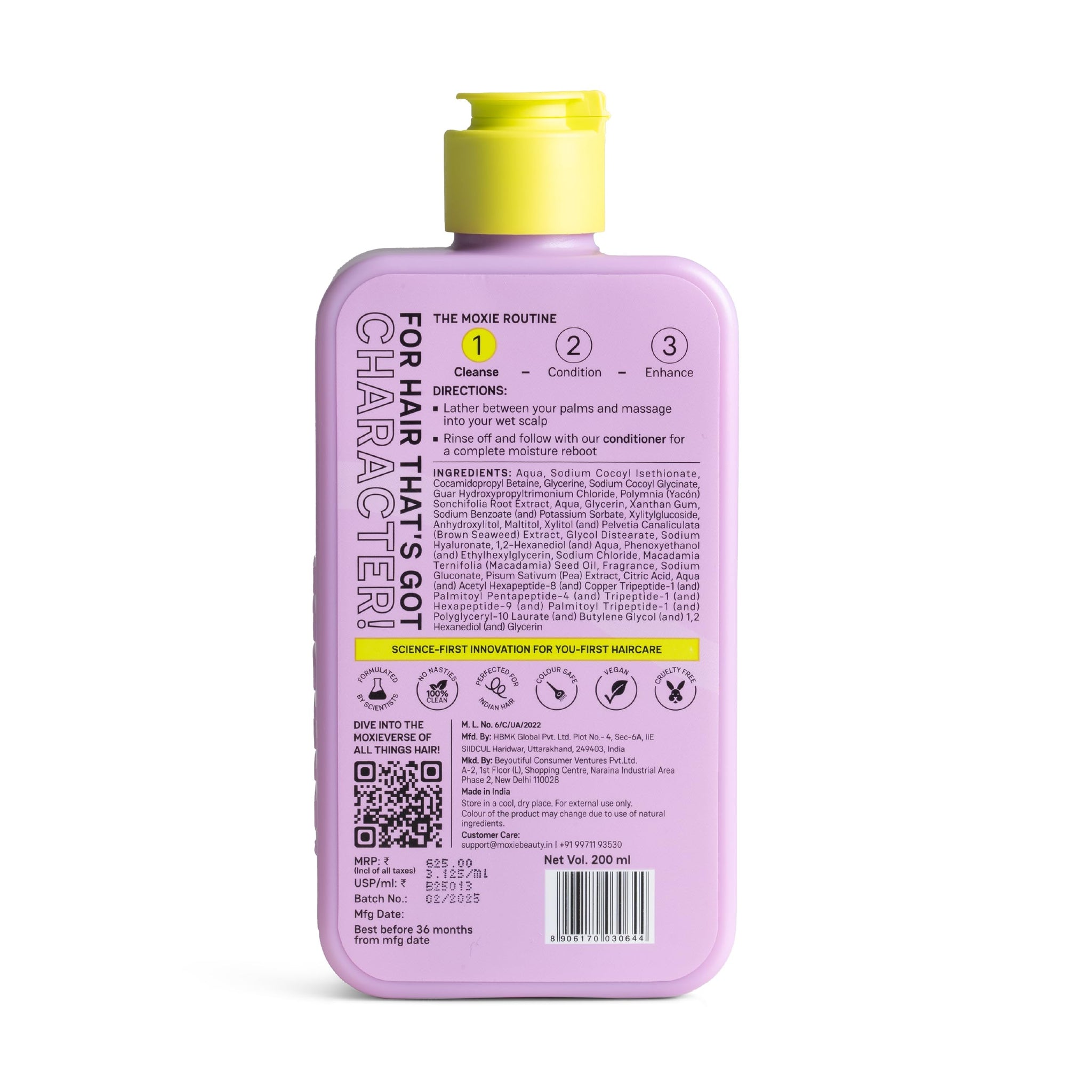 Moxie Beauty Hyaluronic Acid Shampoo, 200ml, Sulfate-Free, with Bio-Peptides and Marine Antioxidants - label detail