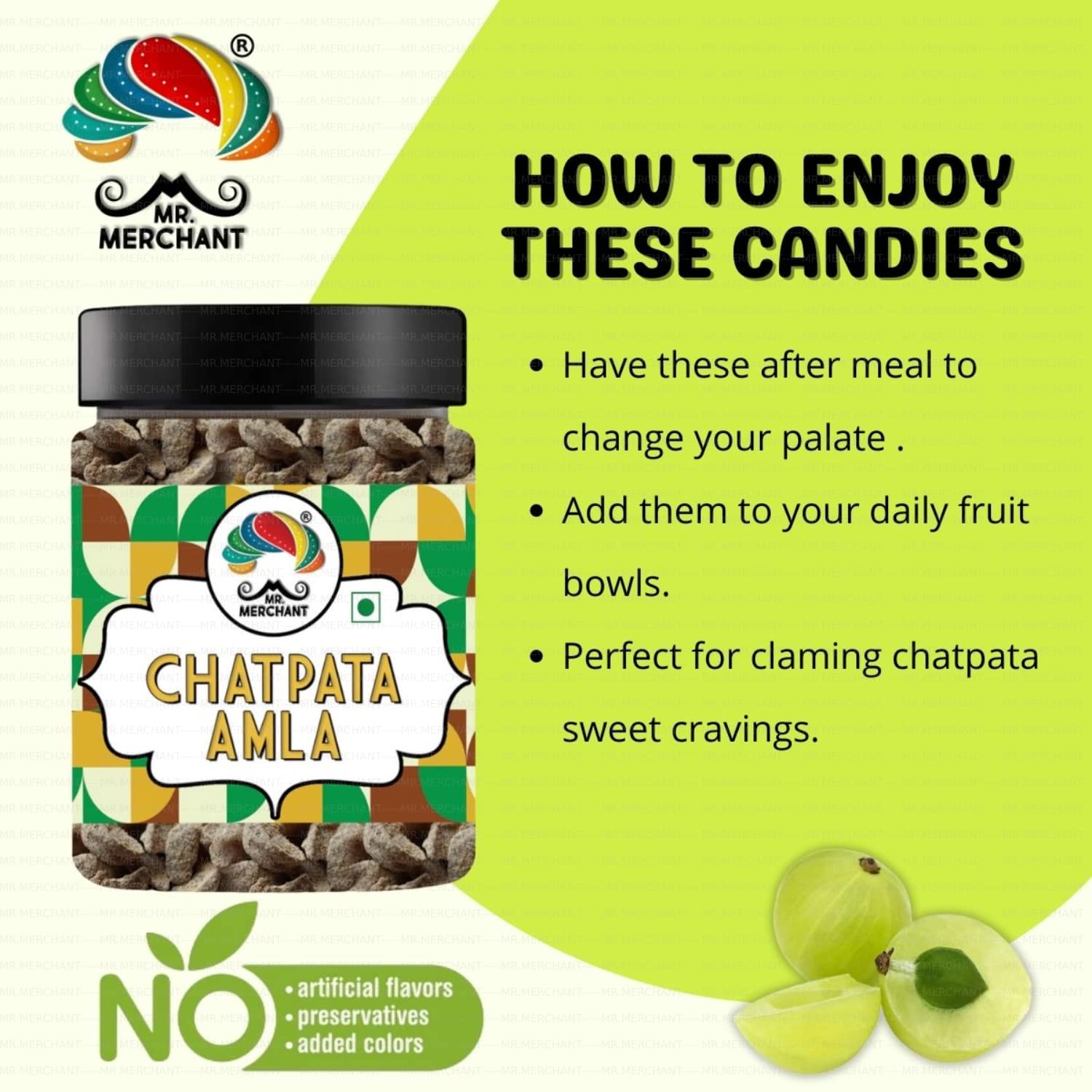 Mr. Merchant Chatpata Amla Candy, Salted Spicy Indian Gooseberry, Natural Dried Mukhwas - back view