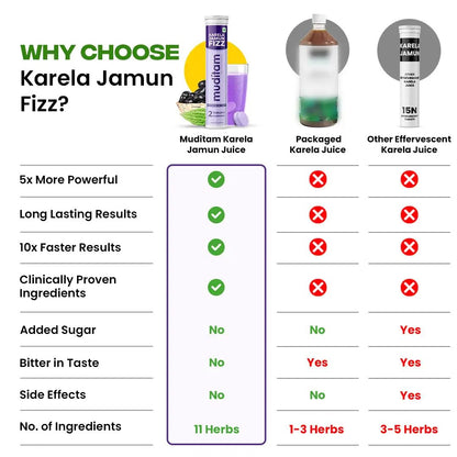 Muditam Ayurveda Karela Jamun Fizz Effervescent Tablets, 20 Count, Herbal Supplement with 11 Herbs - back view