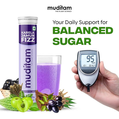 Muditam Ayurveda Karela Jamun Fizz Effervescent Tablets, 20 Count, Herbal Supplement with 11 Herbs - ingredients panel