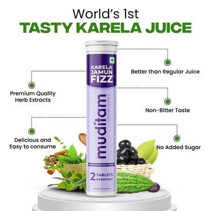 Muditam Ayurveda Karela Jamun Fizz Effervescent Tablets, 20 Count, Herbal Supplement with 11 Herbs - in use