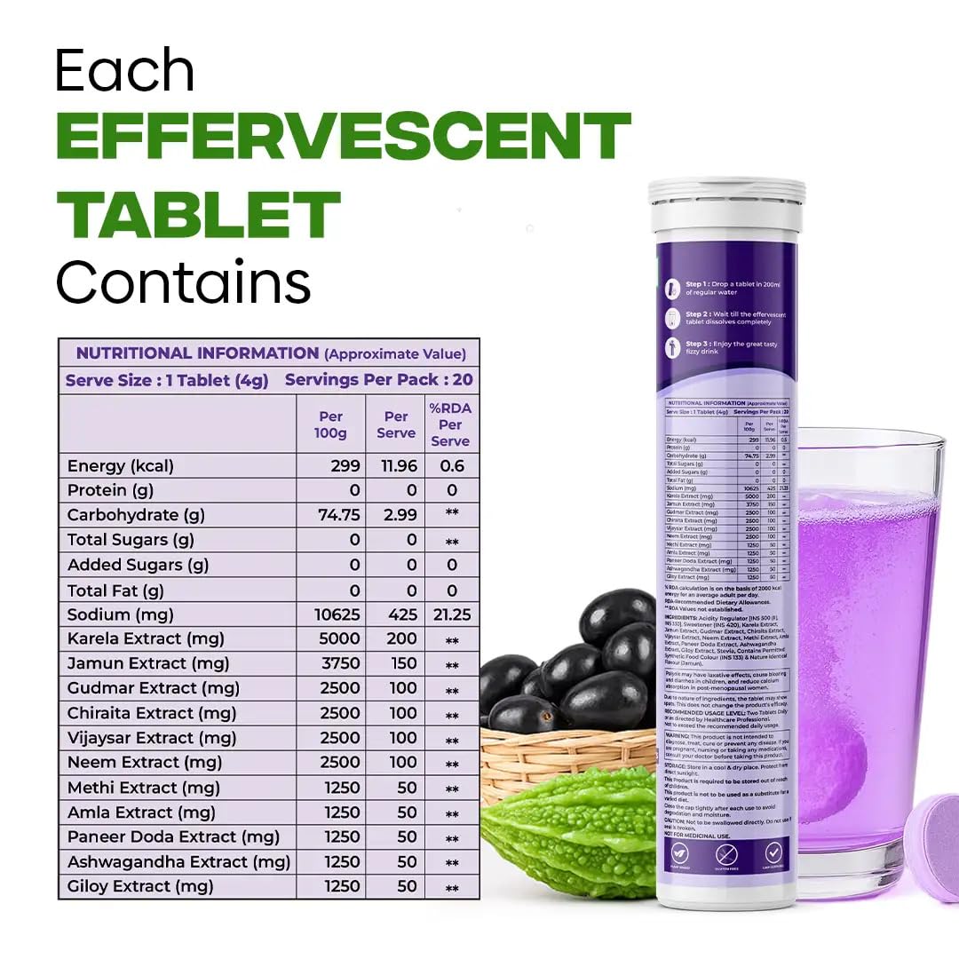 Muditam Ayurveda Karela Jamun Fizz Effervescent Tablets, 20 Count, Herbal Supplement with 11 Herbs - size and scale