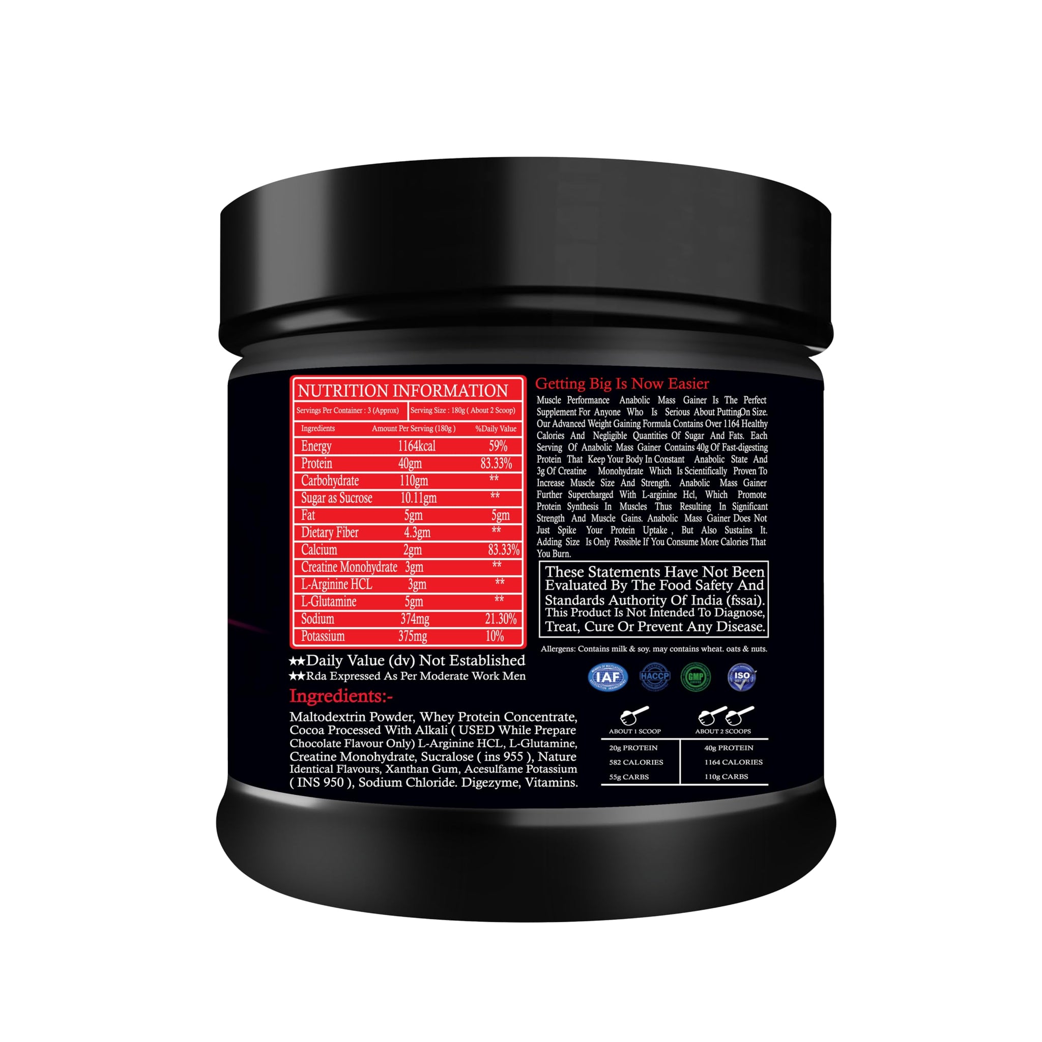 Muscle Performance Anabolic Mass Gainer Powder, 40g Protein, 1164 Calories, Vegetarian, European Whey, Adult Supplement - in 