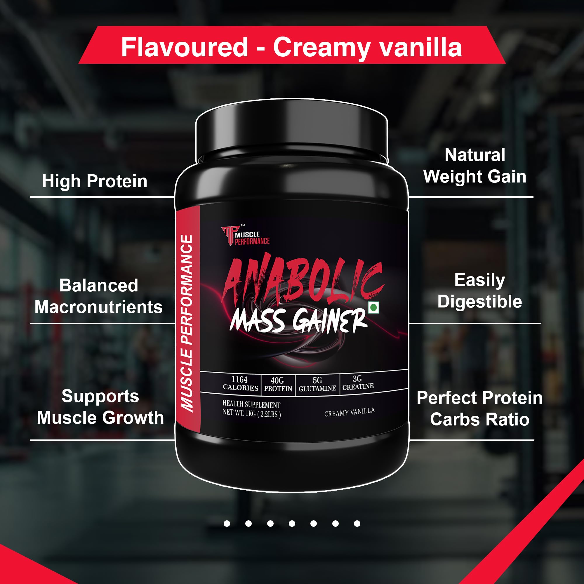 Muscle Performance Anabolic Mass Gainer Powder, 40g Protein, 1164 Calories, Vegetarian, European Whey, Adult Supplement - ing