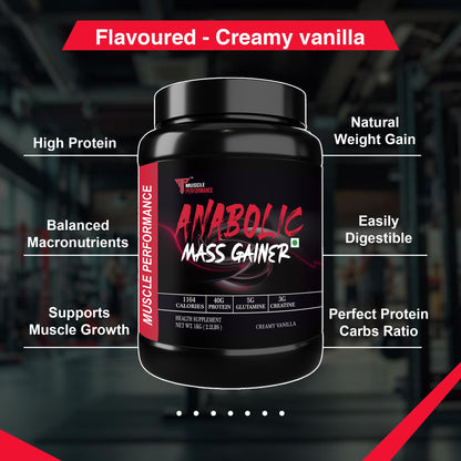 Muscle Performance Anabolic Mass Gainer Powder, 40g Protein, 1164 Calories, Vegetarian, European Whey, Adult Supplement - ing