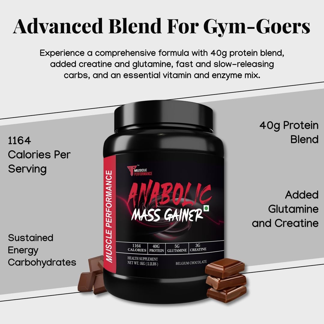 Muscle Performance Anabolic Mass Gainer Powder, 40g Protein, 1164 Calories, Vegetarian, European Whey, Adult Supplement - bac