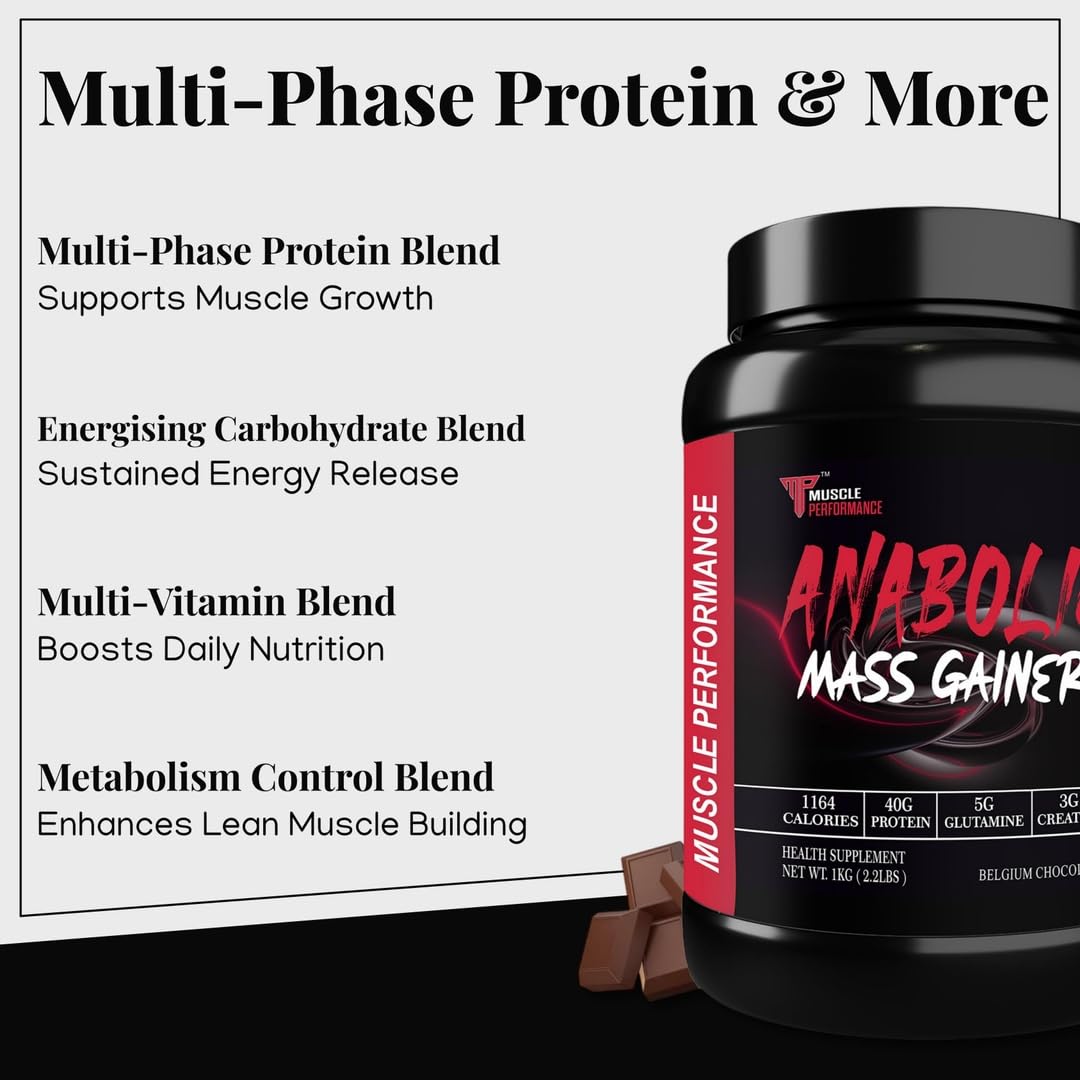 Muscle Performance Anabolic Mass Gainer Powder, 40g Protein, 1164 Calories, Vegetarian, European Whey, Adult Supplement - lab