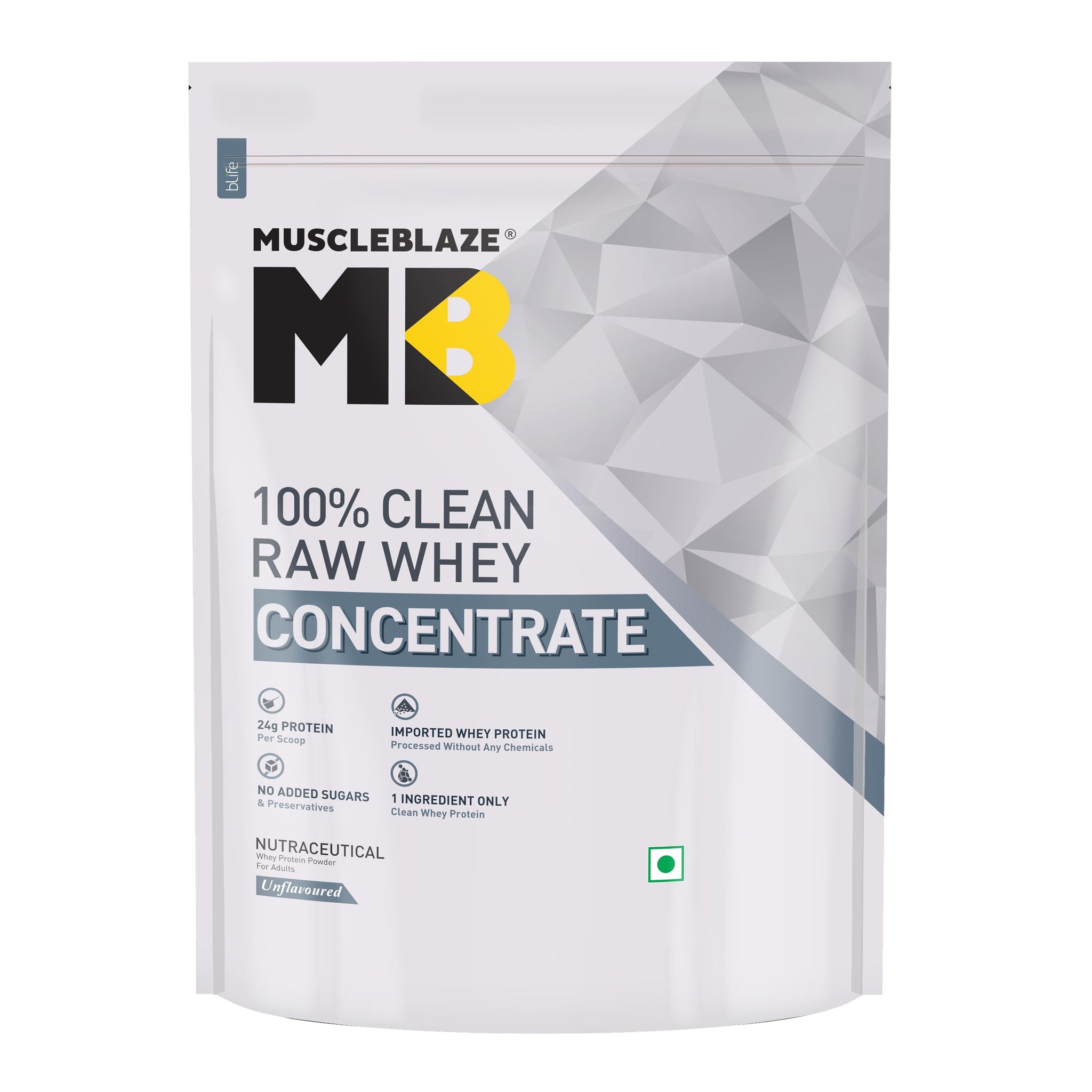 MuscleBlaze 100% Clean Raw Whey Protein Concentrate, 1kg (2.2lbs), Unflavored, Adult Supplement with Digestive Enzymes