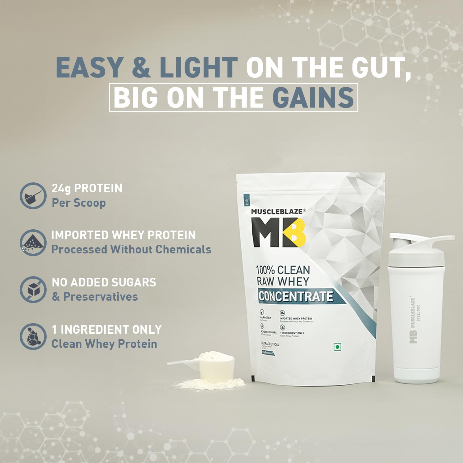 MuscleBlaze 100% Clean Raw Whey Protein Concentrate, 1kg (2.2lbs), Unflavored, Adult Supplement with Digestive Enzymes - fron