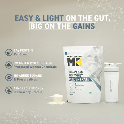 MuscleBlaze 100% Clean Raw Whey Protein Concentrate, 1kg (2.2lbs), Unflavored, Adult Supplement with Digestive Enzymes - fron