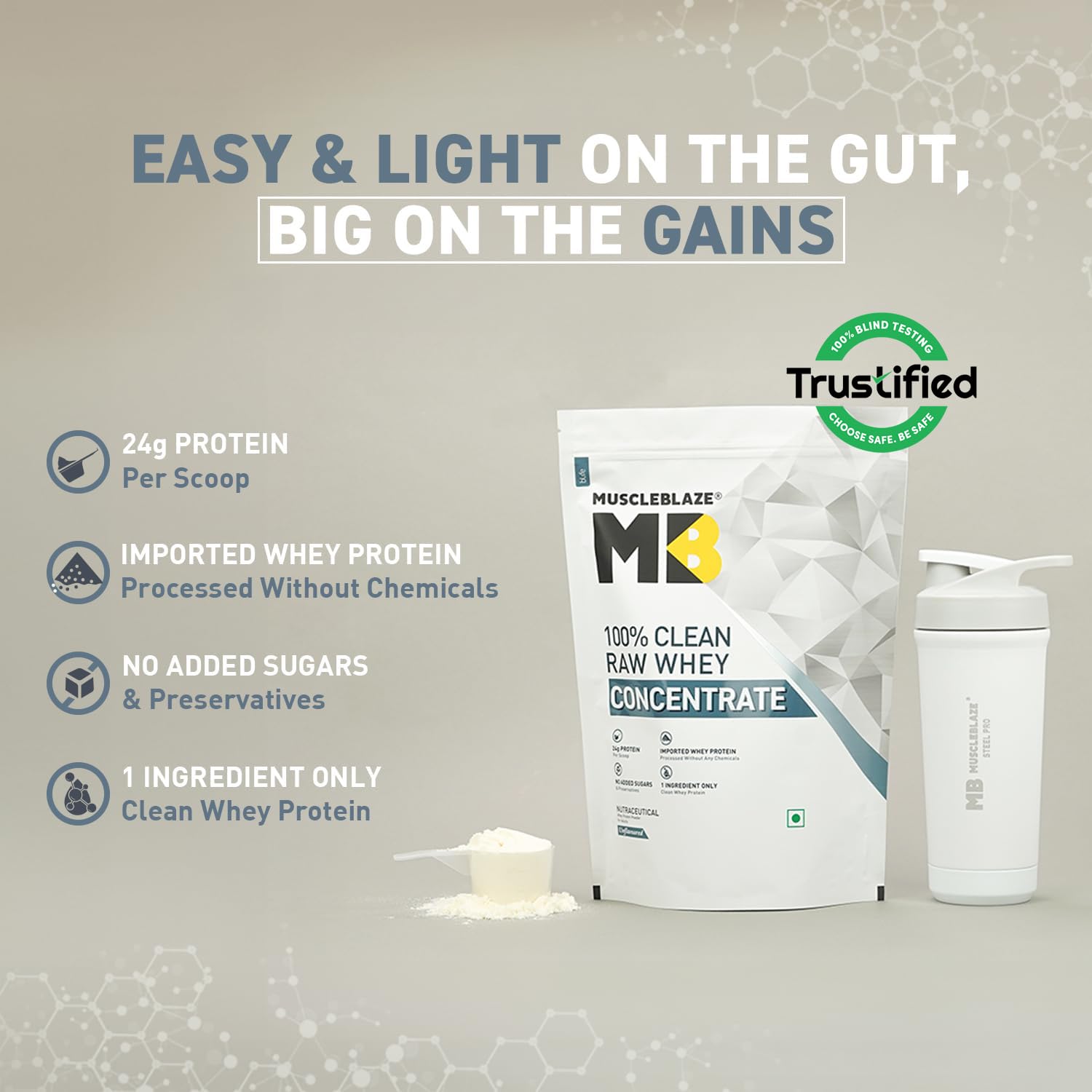 MuscleBlaze 100% Clean Raw Whey Protein Concentrate, 1kg (2.2lbs), Unflavored, Adult Supplement with Digestive Enzymes - fron