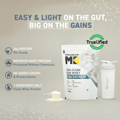 MuscleBlaze 100% Clean Raw Whey Protein Concentrate, 1kg (2.2lbs), Unflavored, Adult Supplement with Digestive Enzymes - fron