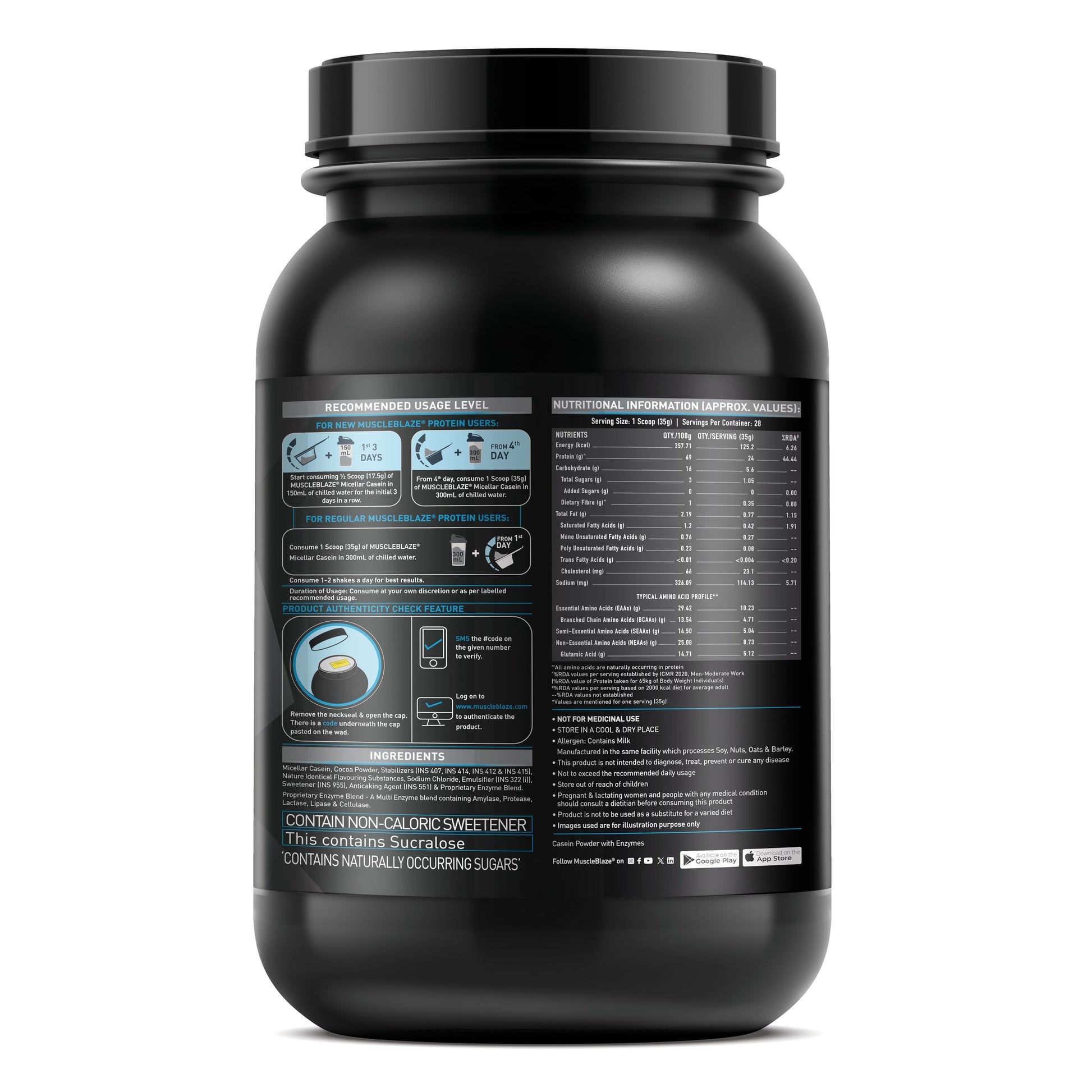 MuscleBlaze 100% Micellar Casein Protein Powder with DigeZyme, Milk-Derived Protein, Adult Nutrition Supplement - back view
