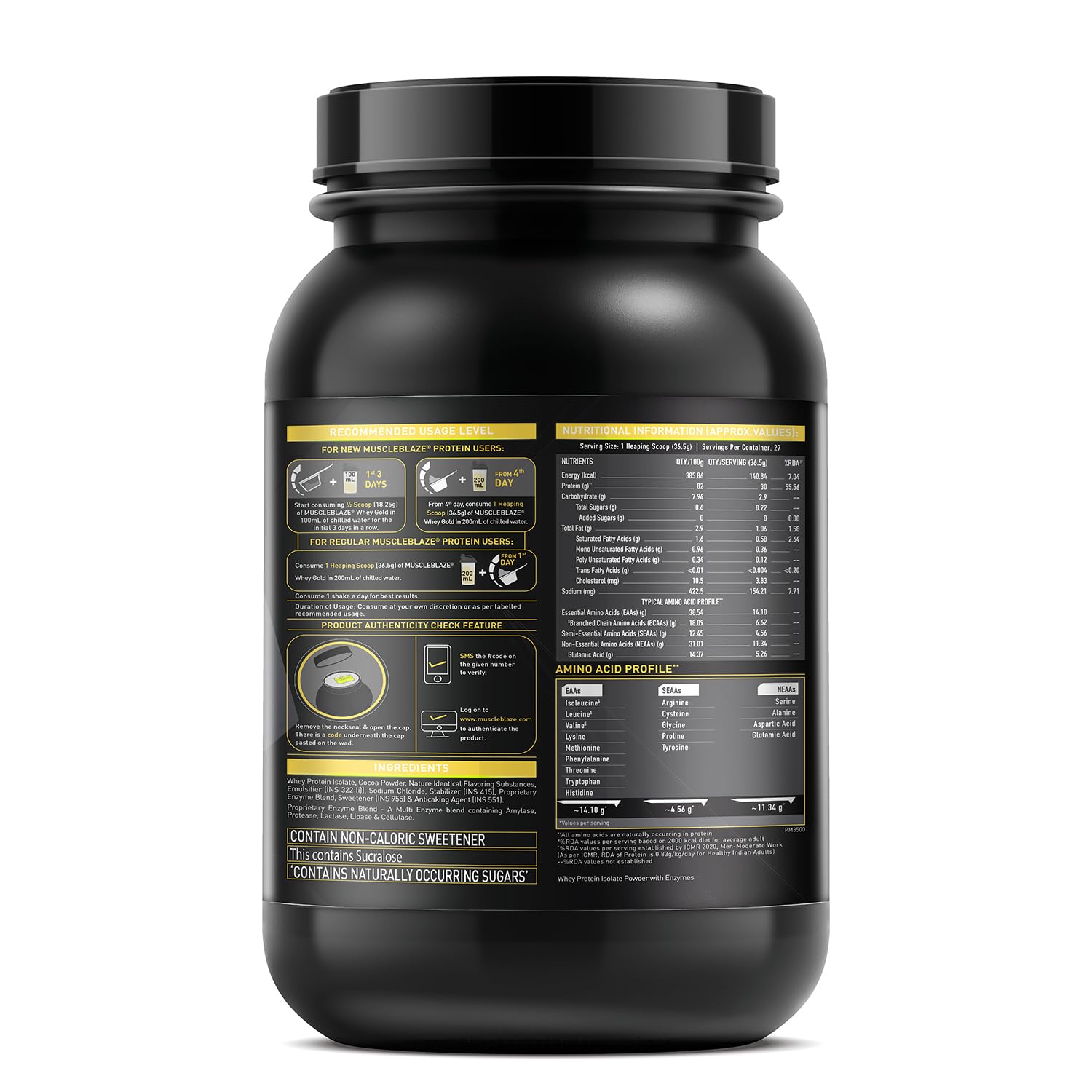 MuscleBlaze 100% Whey Gold Protein Powder Isolate, 1kg (2.2lbs), Adult Protein Supplement - back view