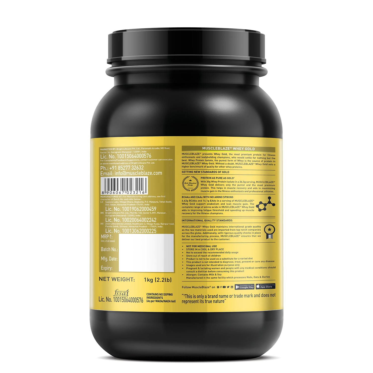 MuscleBlaze 100% Whey Gold Protein Powder Isolate, 1kg (2.2lbs), Adult Protein Supplement - packaging