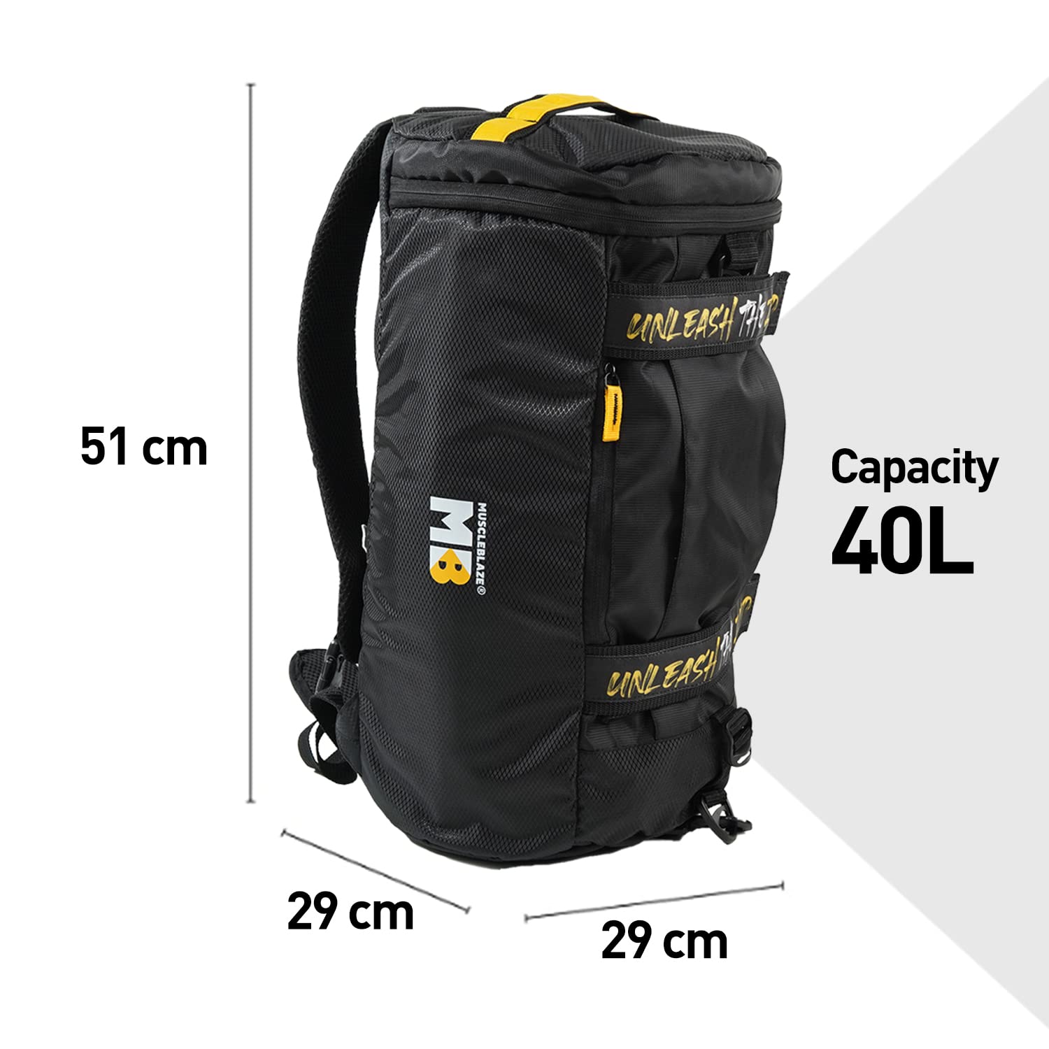 MuscleBlaze 40L Hybrid Gym Backpack, Convertible Duffel-to-Backpack, Water-Resistant - back view