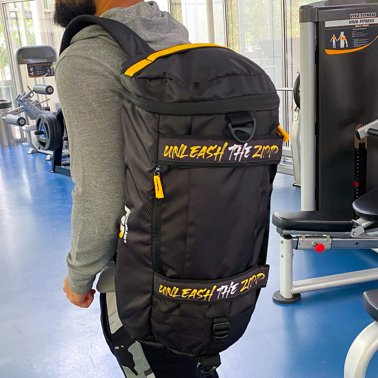 MuscleBlaze 40L Hybrid Gym Backpack, Convertible Duffel-to-Backpack, Water-Resistant - in use