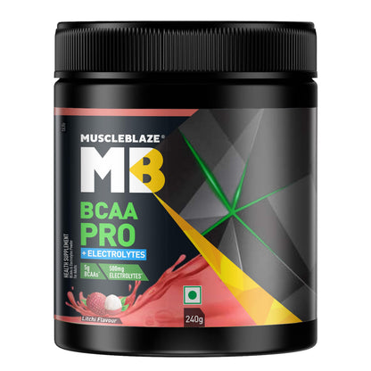 MuscleBlaze BCAA Pro Powder, Litchi Flavor, 240g, Intra-Workout BCAA Supplement with Electrolytes