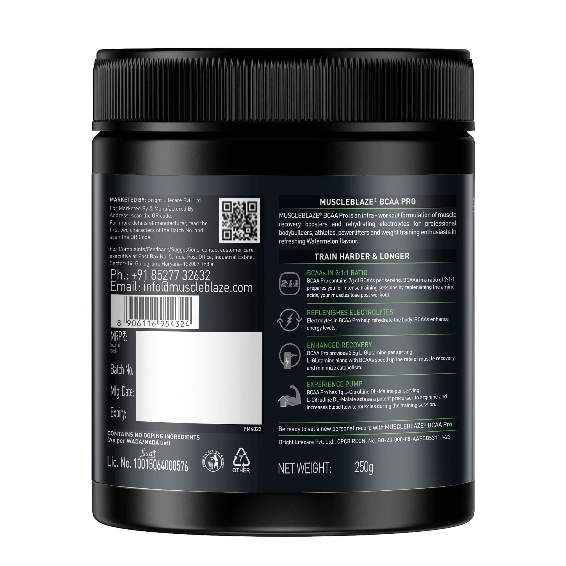 MuscleBlaze BCAA Pro Powder, Litchi Flavor, 240g, Intra-Workout BCAA Supplement with Electrolytes - back view (10)