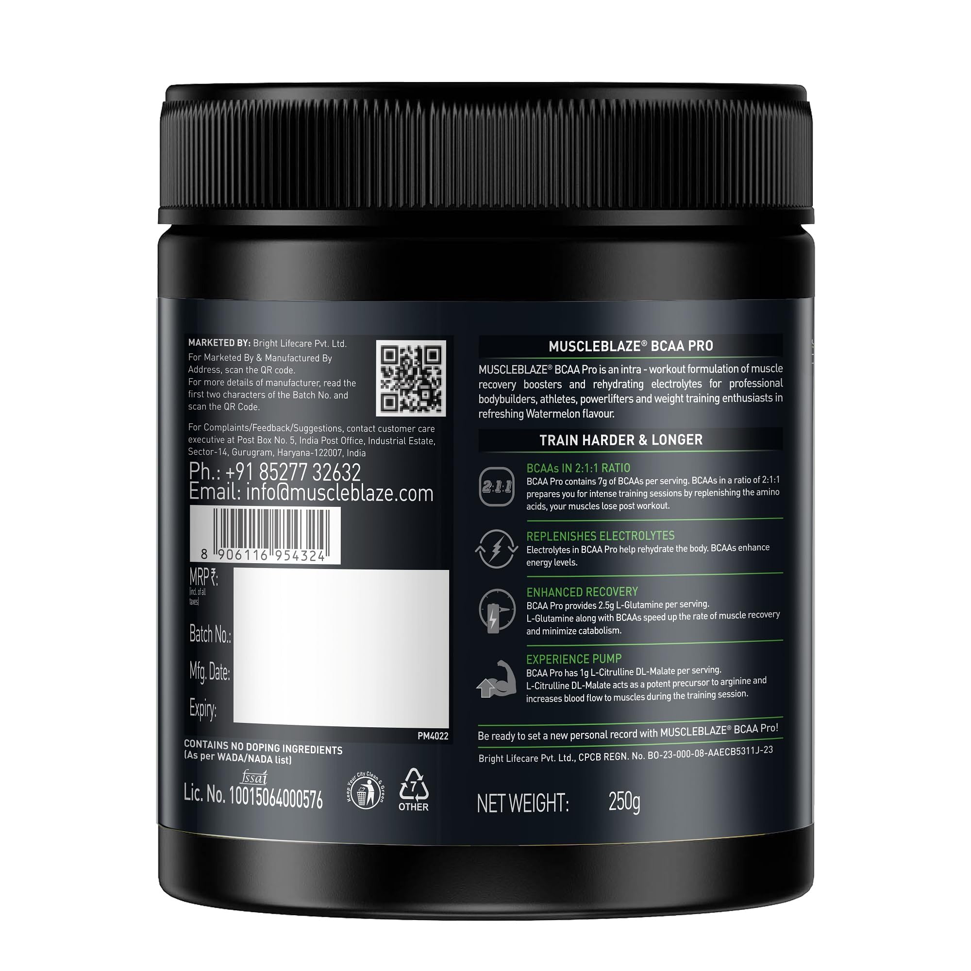 MuscleBlaze BCAA Pro Powder, Litchi Flavor, 240g, Intra-Workout BCAA Supplement with Electrolytes - back view (10)