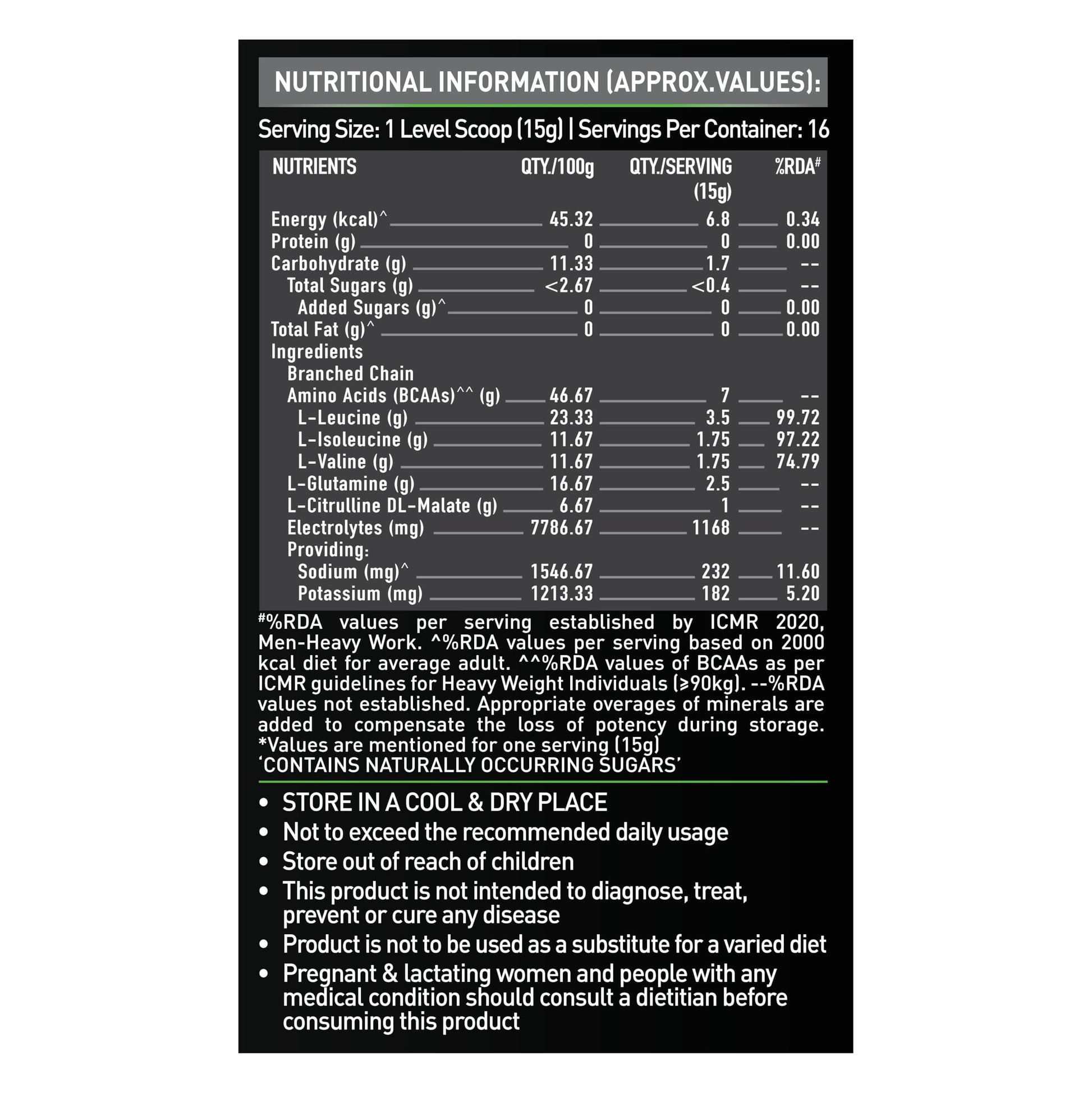 MuscleBlaze BCAA Pro Powder, Litchi Flavor, 240g, Intra-Workout BCAA Supplement with Electrolytes - label detail