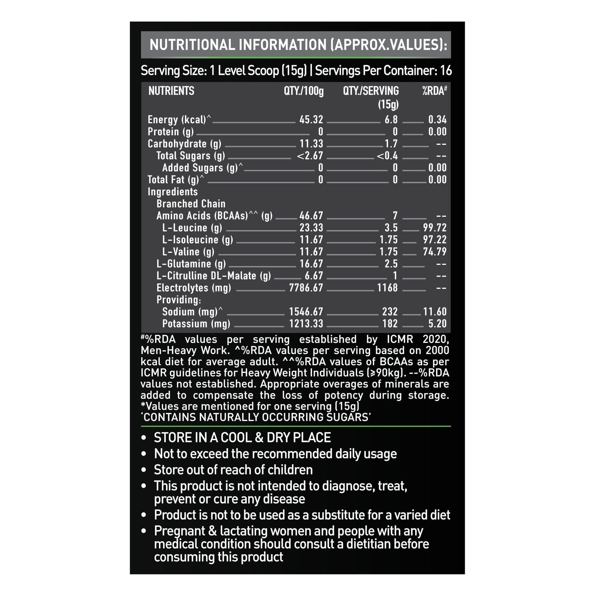 MuscleBlaze BCAA Pro Powder, Litchi Flavor, 240g, Intra-Workout BCAA Supplement with Electrolytes - label detail