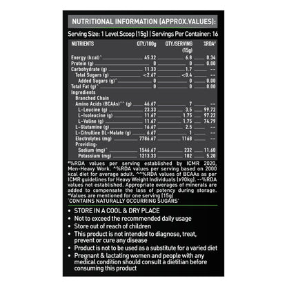 MuscleBlaze BCAA Pro Powder, Litchi Flavor, 240g, Intra-Workout BCAA Supplement with Electrolytes - label detail
